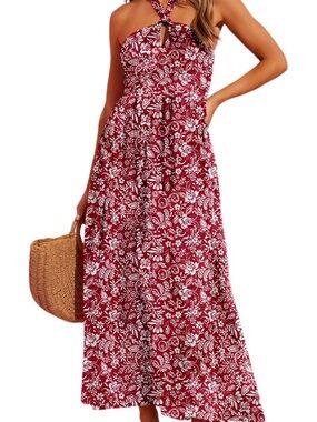 Women’s Red Floral Maxi Dress with Halter Neck